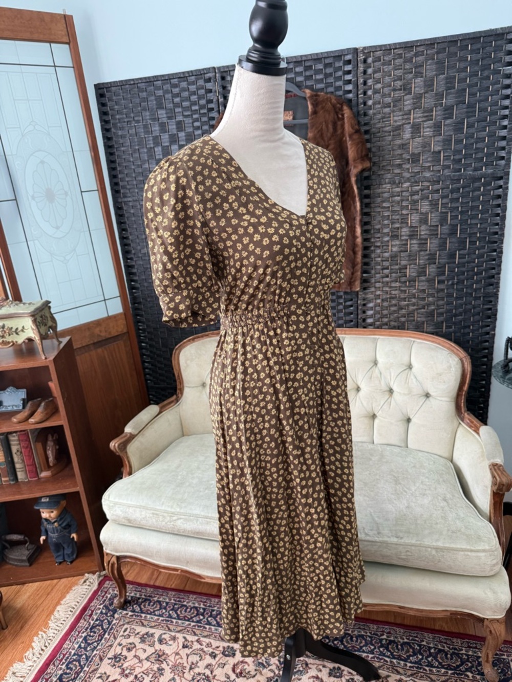 🌿 Madewell Floral Midi Dress Olive Green Yellow Button Front - Picture 3 of 11